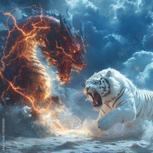 Fiery dragon versus white tiger, epic battle.