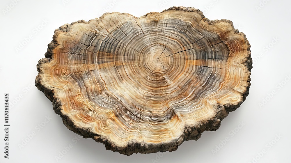 95.A close-up of a large tree trunk cross-section, displaying layers of growth rings with natural cracks radiating through the wood. The intricate, circular pattern and varying textures give an 95.A close-up of a large tree trunk cross-section, displaying layers of growth rings with natural cracks radiating through the wood. The intricate, circular pattern and varying textures give an