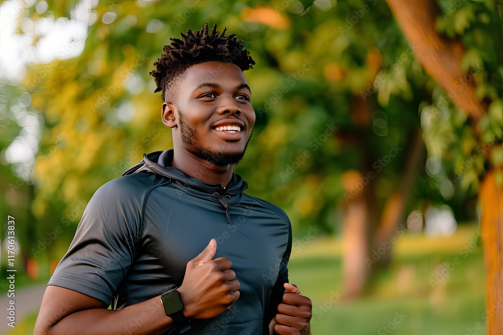 A man is running in a park with a smile on his face A man is running in a park with a smile on his face
