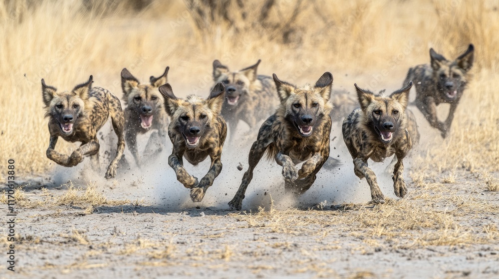 Naklejka premium A pack of wild dogs running energetically across a dusty landscape.