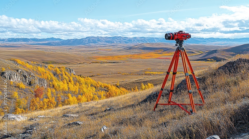 Naklejka premium Surveying equipment on autumn hilltop overlooking vast valley.