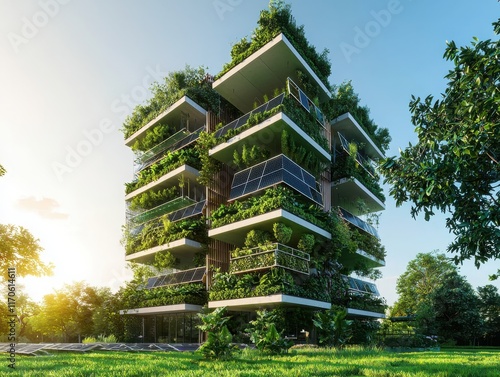 Sustainable vertical farm with solar panels urban environment architectural design eco-friendly initiative green energy concept photo