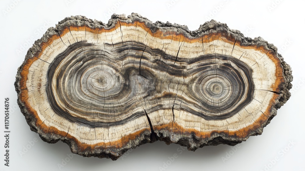 96.A realistic cross-section of a mature tree trunk featuring well-defined growth rings and deep, organic cracks. Each ring shows different shades and grain variations, with a rough, textured surface 96.A realistic cross-section of a mature tree trunk featuring well-defined growth rings and deep, organic cracks. Each ring shows different shades and grain variations, with a rough, textured surface