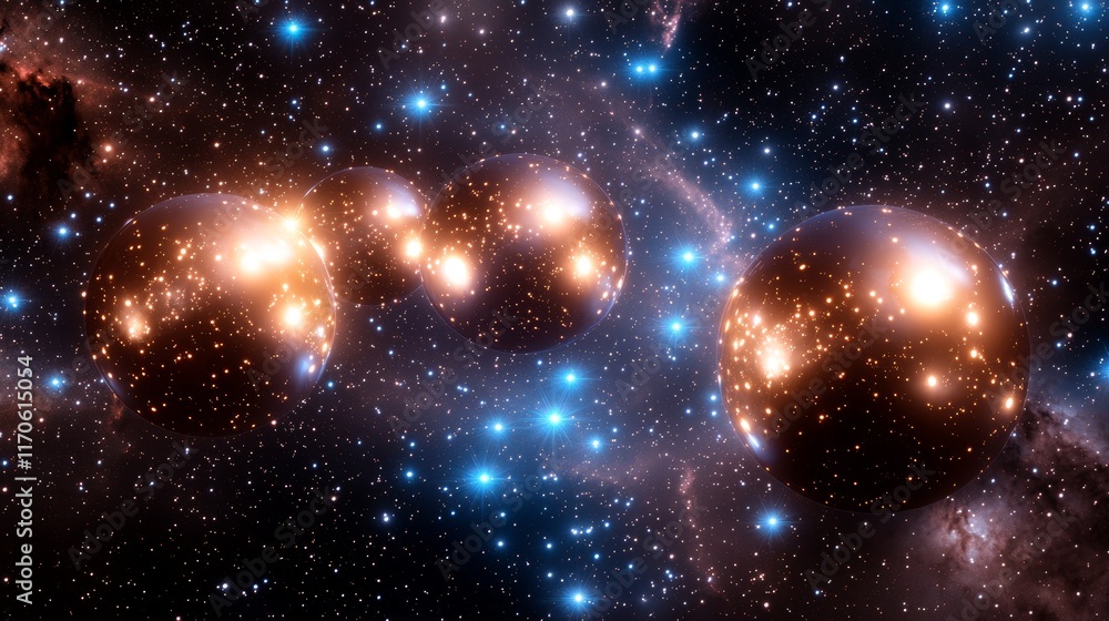 Obraz premium A celestial scene with glowing orbs floating among glittering stars in a deep, ethereal sky