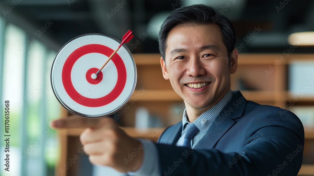 Business concept background. Executive mature Asian businessman shows new year company goal with thumb. Company sales and company growth target. Employee's career target, skill development targets. Business concept background. Executive mature Asian businessman shows new year company goal with thumb. Company sales and company growth target. Employee's career target, skill development targets.