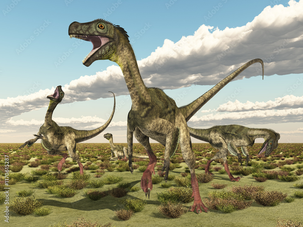 Fototapeta premium Dinosaurier Ornitholestes in einer Landschaft