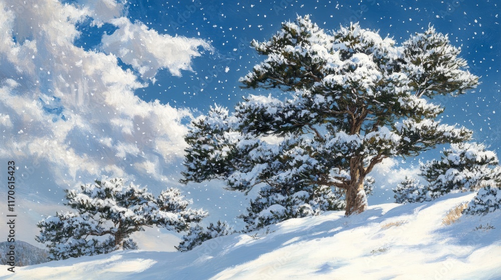 104.A serene winter landscape with snow drifting across the slopes of Big Game Ridge, showcasing whitebark pine trees standing resiliently. The pine trees, dusted in fresh snow, stand on a small