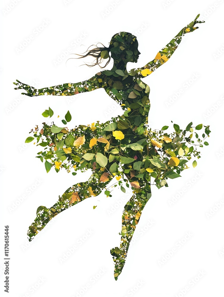 Fototapeta premium Dancer Silhouette Made of Leaves Portrays Movement and Nature in a Whimsical Artistic Display