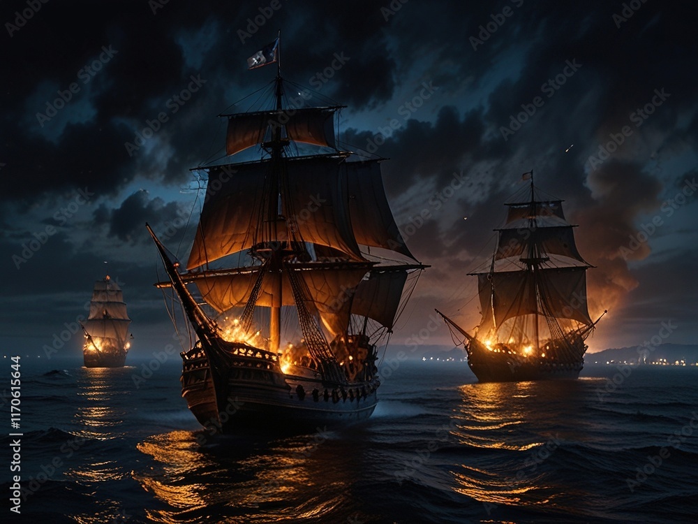 Obraz premium Dramatic maritime scene of tall ships engaged in a fierce battle on the high seas, with fiery explosions and turbulent ocean waves