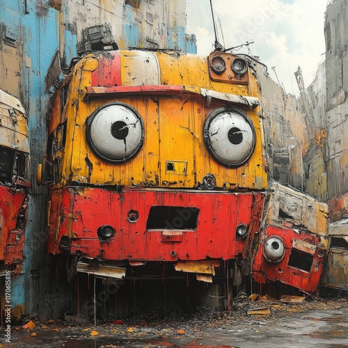Wrecked train cars, cartoonish eyes, urban decay.