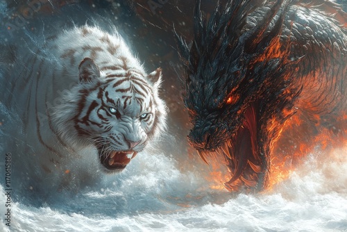 White tiger versus fiery dragon, epic battle.