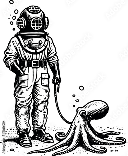 retro diver walking with octopus style engraving hand drawing