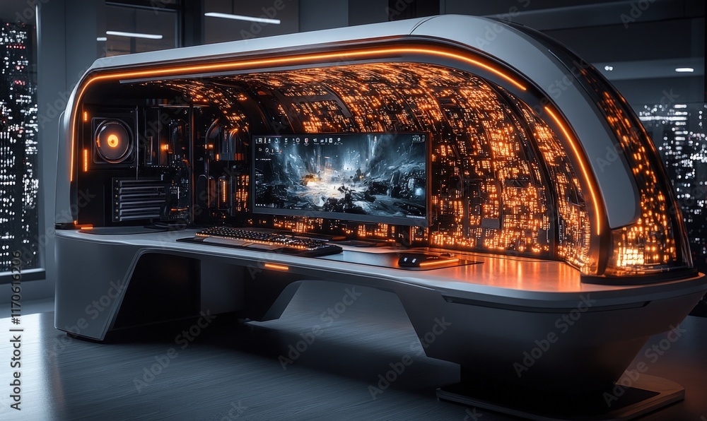 Fototapeta premium Futuristic gaming desk, illuminated circuits, city view.
