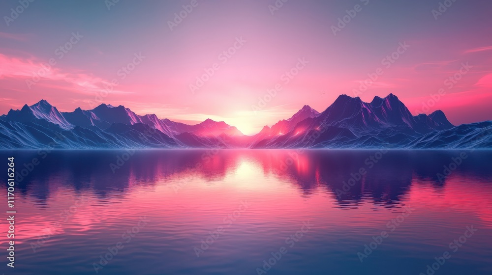 A serene landscape featuring majestic mountains reflected in tranquil waters under a vibrant, colorful sky at sunset. A serene landscape featuring majestic mountains reflected in tranquil waters under a vibrant, colorful sky at sunset.