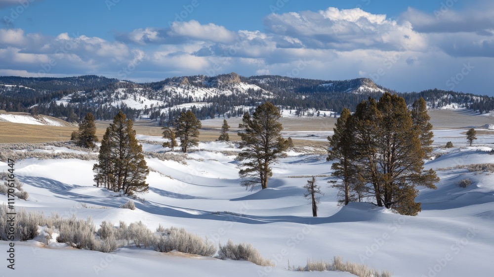 106.A vast snowy slope in Yellowstone National Park with gentle snow drifts surrounding clusters of whitebark pine trees. The wind moves the snow across Big Game Ridge, adding to the quiet beauty of 106.A vast snowy slope in Yellowstone National Park with gentle snow drifts surrounding clusters of whitebark pine trees. The wind moves the snow across Big Game Ridge, adding to the quiet beauty of