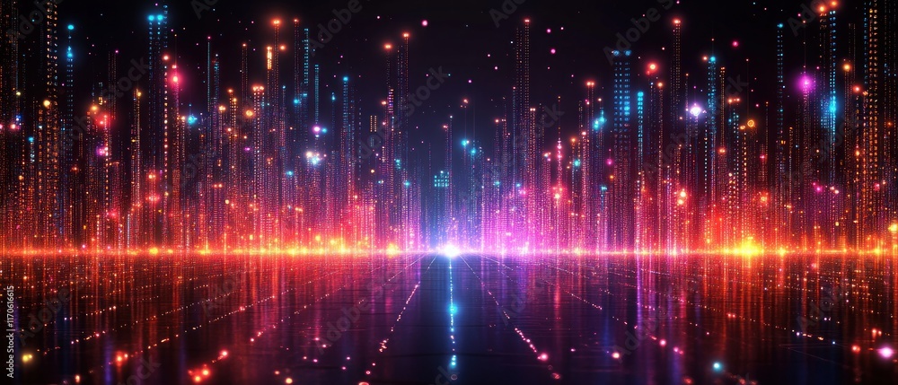 Vibrant digital landscape with colorful light beams and sparkles. Vibrant digital landscape with colorful light beams and sparkles.