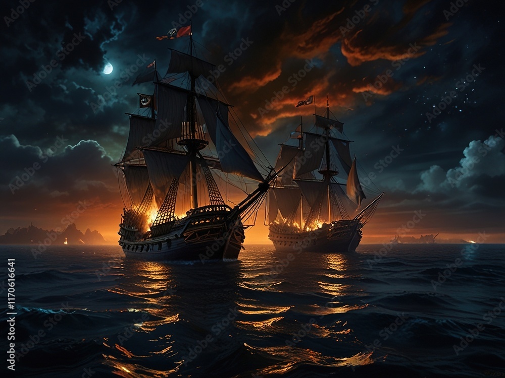 Obraz premium Dramatic maritime scene of tall ships engaged in a fierce battle on the high seas, with fiery explosions and turbulent ocean waves