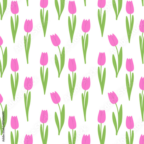 Wallpaper Mural Tulipes pink pattern, flowers with leaves, on white background. Design for romantic, lovers and Valentines day, wedding. Torontodigital.ca