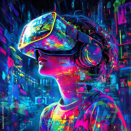 Youth Immersed in Virtual Reality Exploring a Vibrant Digital Landscape at Night