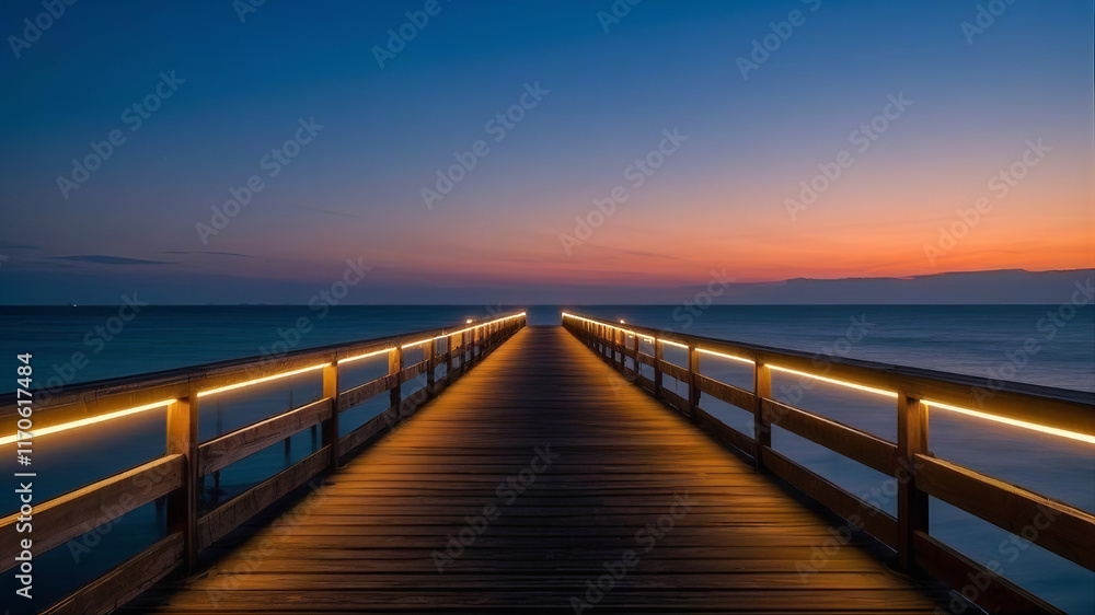 a wooden dock with lights on it
a wooden dock with lights on it