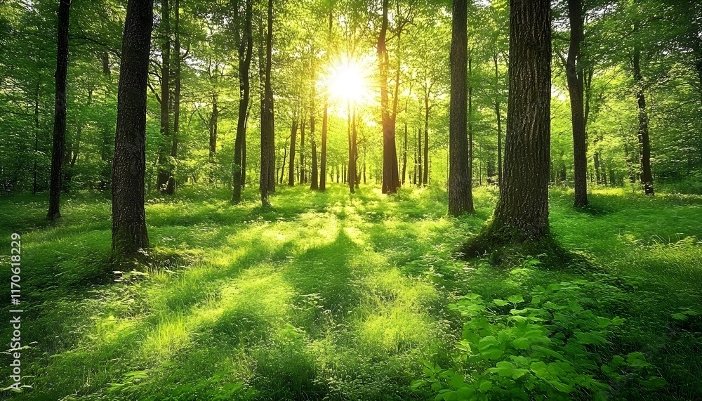 Sunlit Forest Path: Lush Green Trees and Grass Sunlit Forest Path: Lush Green Trees and Grass