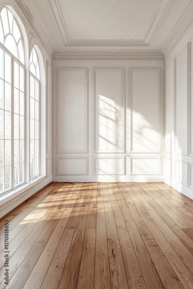 Fototapeta premium A white room with a brown wooden floor, white walls, and a window on the left side.