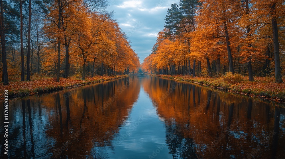 Fototapeta premium Autumn Trees Reflected In Calm Canal Water
