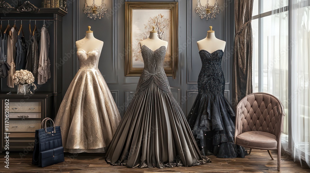 Elegant Evening Gowns Displayed In Luxurious Closet Setting Elegant Evening Gowns Displayed In Luxurious Closet Setting