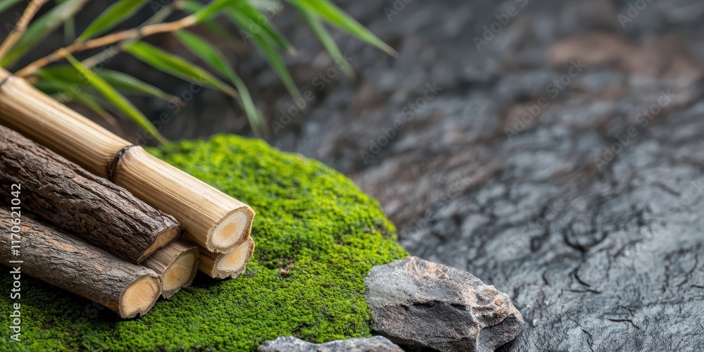 Natural elements with bamboo, stones, and moss on a textured background. Natural ingredients for spa backdrop. Natural elements with bamboo, stones, and moss on a textured background. Natural ingredients for spa backdrop.