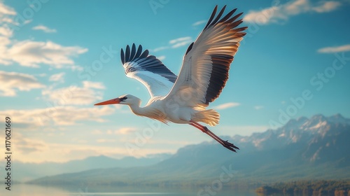 White stork in flight over lake and mountains.