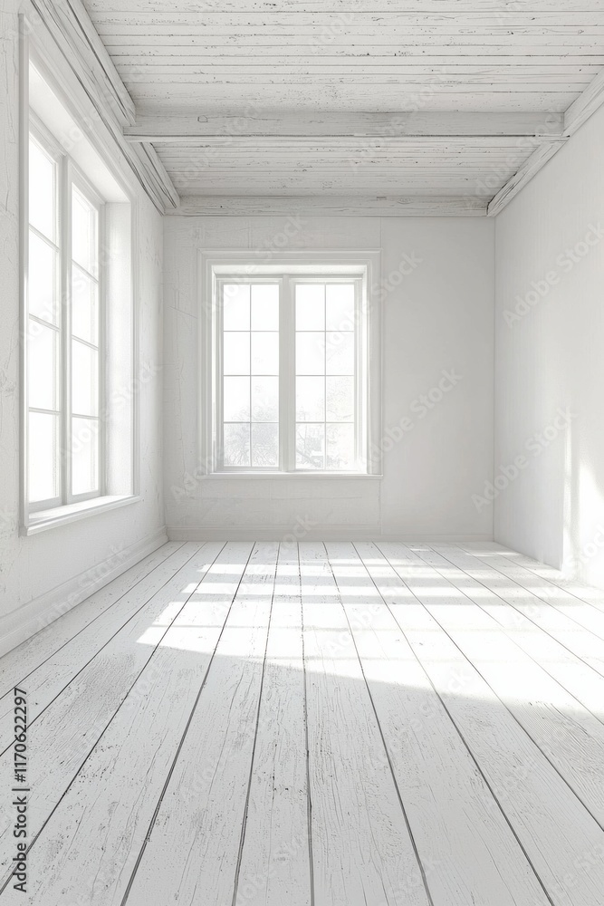 Obraz premium A white room with a white wooden floor, white walls, and a window on the left side. 