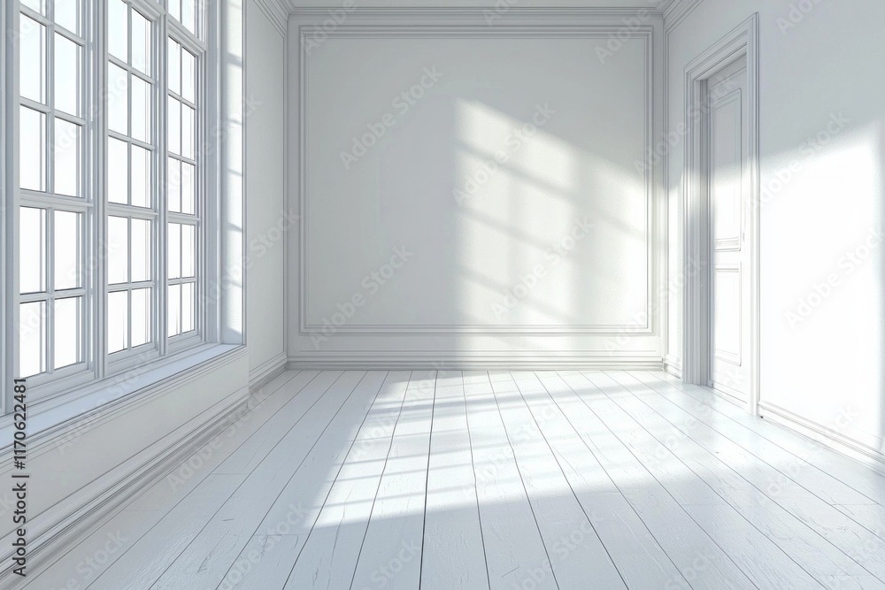 Fototapeta premium A white room with a white wooden floor, white walls, and a window on the left side. 