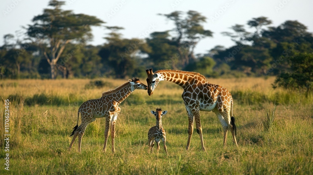 Naklejka premium A mother giraffe and her two children are standing in a grassy field