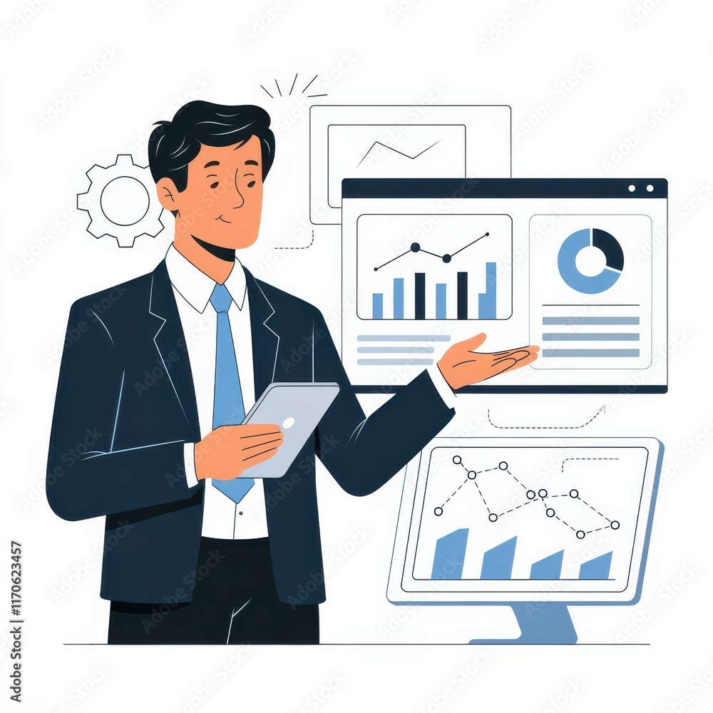 A professional man in a suit presents data analytics on multiple screens, showcasing graphs and charts for business insights. A professional man in a suit presents data analytics on multiple screens, showcasing graphs and charts for business insights.