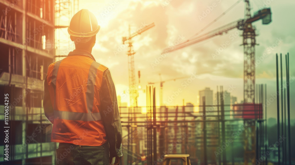 Construction worker overseeing project development at sunset near city skyline Construction worker overseeing project development at sunset near city skyline