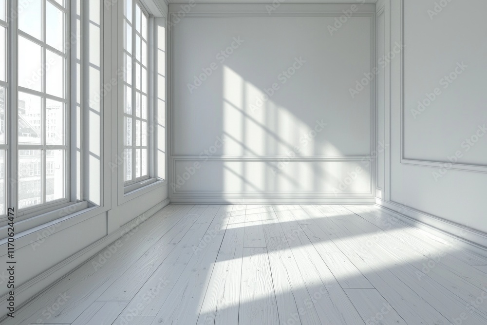 Obraz premium A white room with a white wooden floor, white walls, and a window on the left side. 