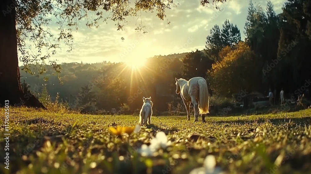 A dog and a horse are standing in a field with the sun shining on them A dog and a horse are standing in a field with the sun shining on them