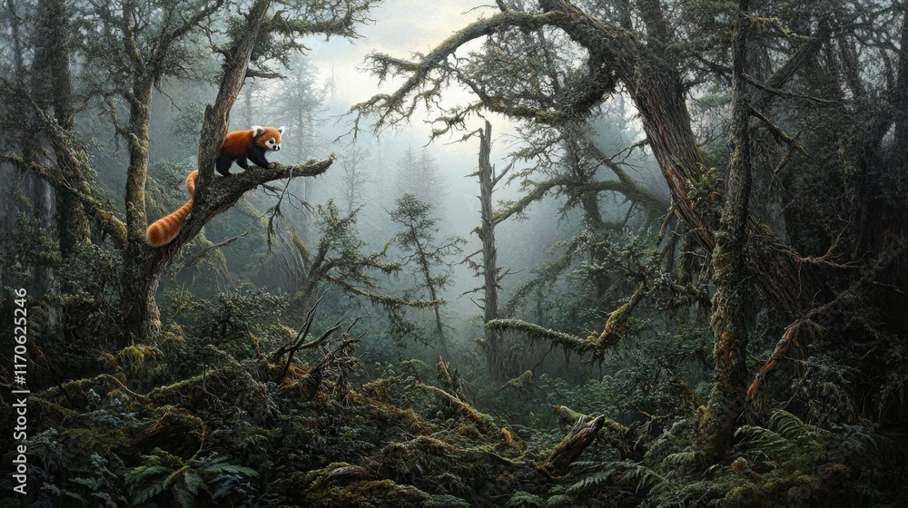 A painting of a forest with a red panda on a tree branch A painting of a forest with a red panda on a tree branch