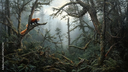 A painting of a forest with a red panda on a tree branch