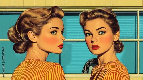 Identical twins, retro style, striped shirts, window view.