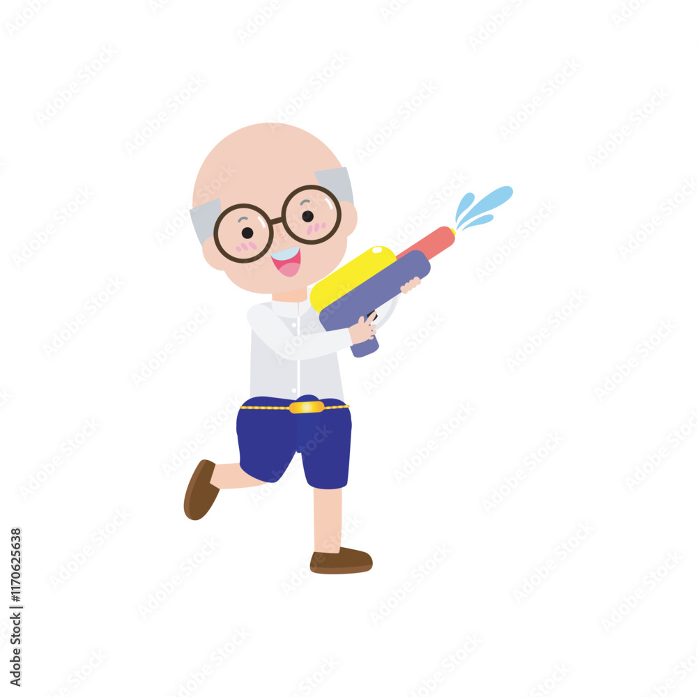 Songkran festival old people thai holding water gun splashing, Traditional happy thai new year, senior man and woman in Thailand cartoon flat style Illustration Songkran festival old people thai holding water gun splashing, Traditional happy thai new year, senior man and woman in Thailand cartoon flat style Illustration
