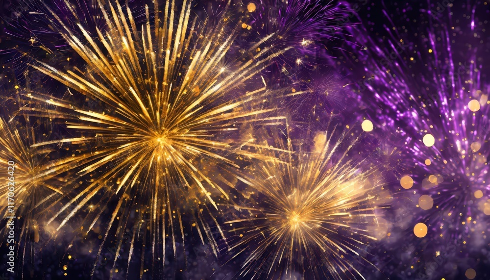 Naklejka premium Spectacular Gold and Dark Violet Fireworks Illuminate the Night Sky on New Years Eve, Creating a Stunning Bokeh Effect with Ample Copy Space for Your Celebratory Messages and Greetings