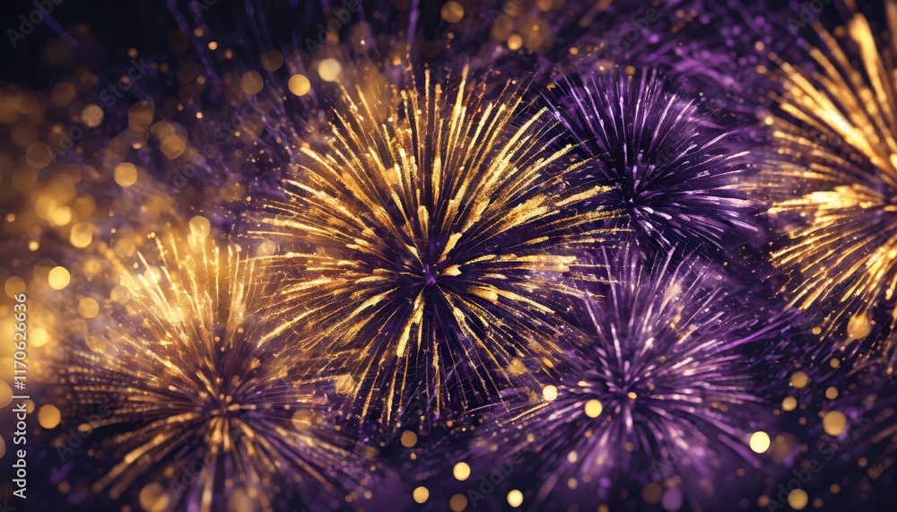 Naklejka premium Stunning Gold and Dark Violet Fireworks Illuminate the Night Sky on New Years Eve A Breathtaking Abstract Background with Bokeh Effects and Ample Copy Space for Your Creative Projects