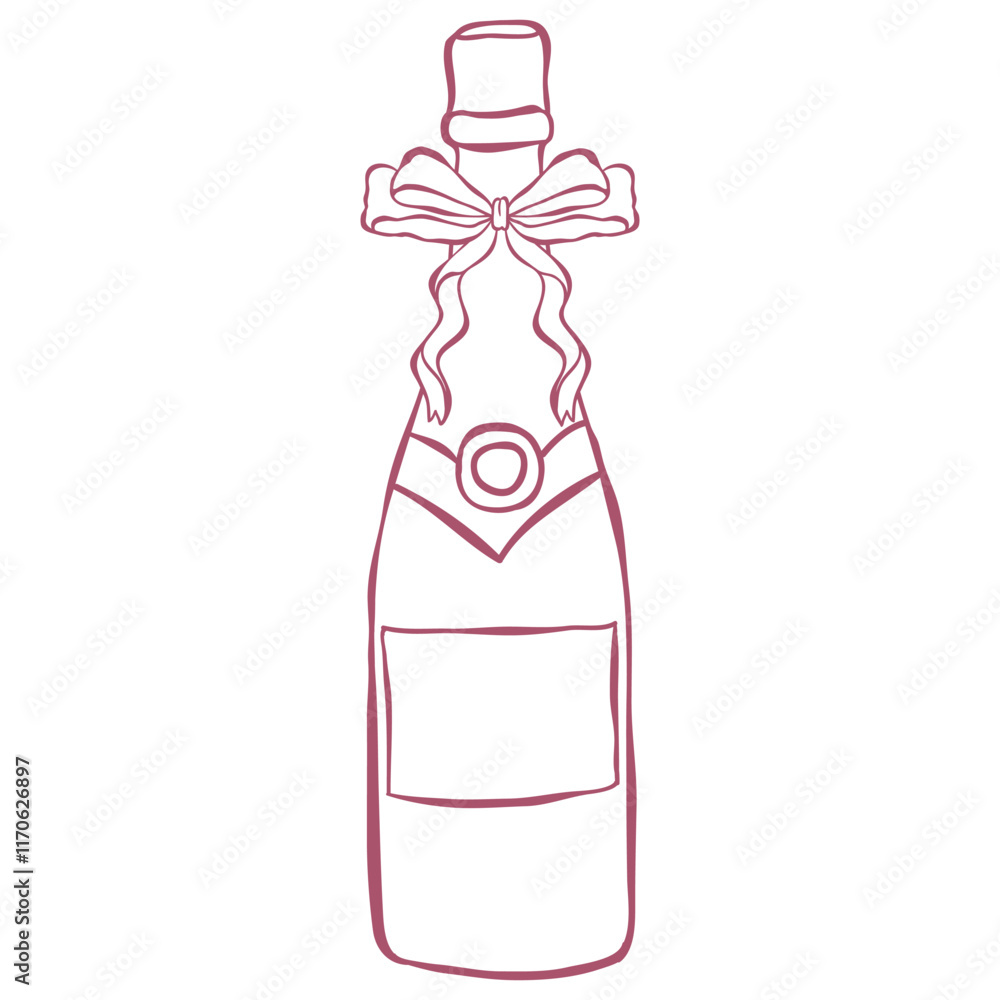 Wine Bottle with Bow. Line Art Illustration. Wine Bottle with Bow. Line Art Illustration.