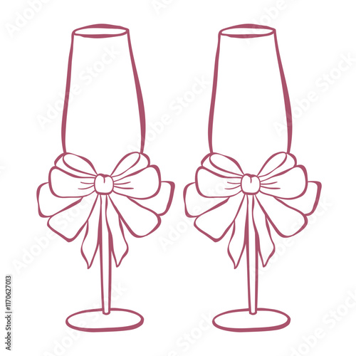 Champagne Glasses with Bow. Line Art Illustration.
