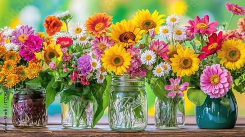 Wallpaper Mural A vibrant arrangement of colorful flowers in jars, showcasing nature's beauty. Torontodigital.ca