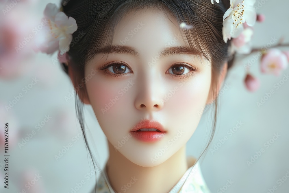 Serene Beauty: A Digital Portrait of a Woman Adorned with Blossoms Serene Beauty: A Digital Portrait of a Woman Adorned with Blossoms