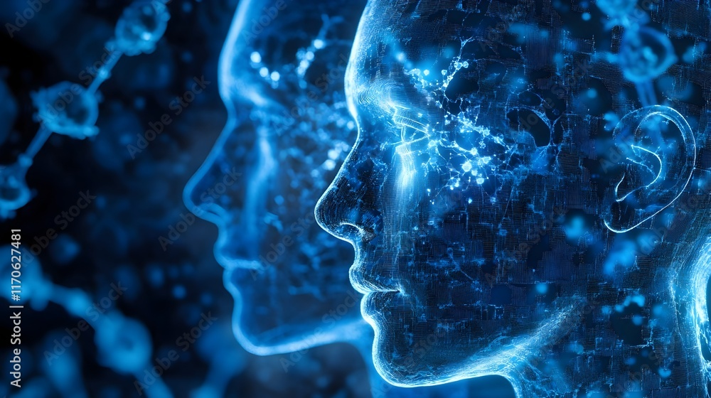 Futuristic AI: Network of Humanoid Heads in Profile, Glowing Blue Abstract Digital Concept Futuristic AI: Network of Humanoid Heads in Profile, Glowing Blue Abstract Digital Concept