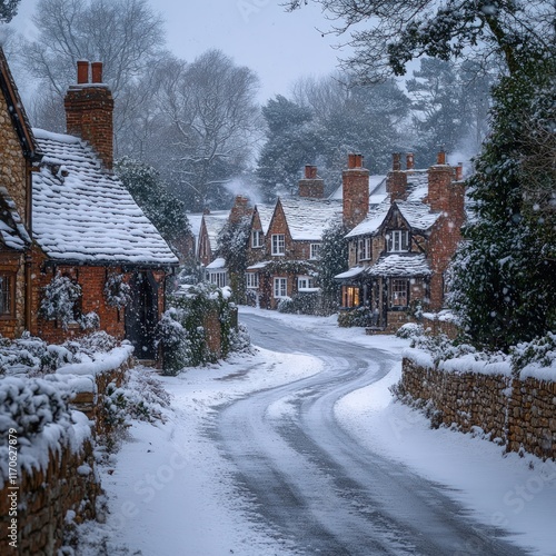 Snow-covered village street, charming cottages, winter scene.