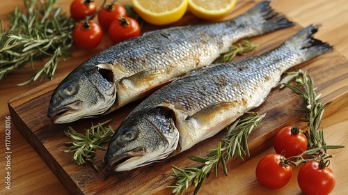 Fresh fish with rosemary and lemon on a rustic wooden board, styled for culinary inspiration, targeting cooking enthusiasts and chefs. photo